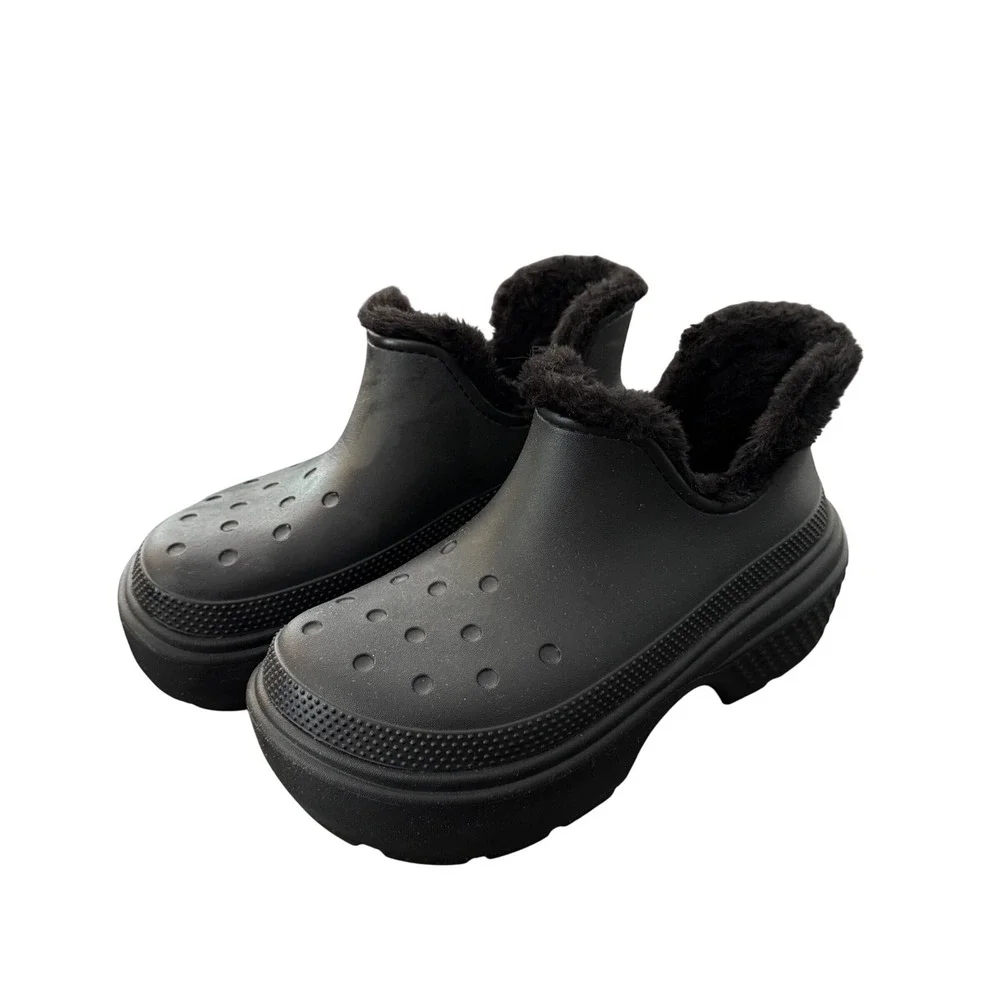 Crocs Stomp Lined Boot Women 10 Men 8 Black Faux Fur Platform Ankle Bootie Boots